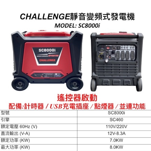 附發票 ELEMAX本田台灣經銷旗下品牌CHALLENGE變頻發電機SC8000I電啟動 同清水牌款GT-10000W型 | 蝦皮購物
