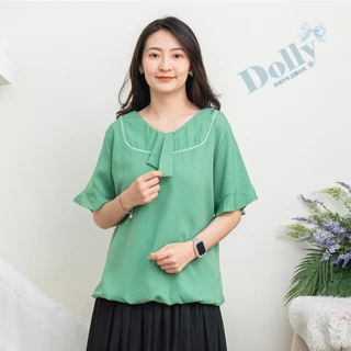 Dolly多莉大碼專賣店  台灣現貨  大尺碼滿版點點假絲巾雪紡上衣(綠色) 916