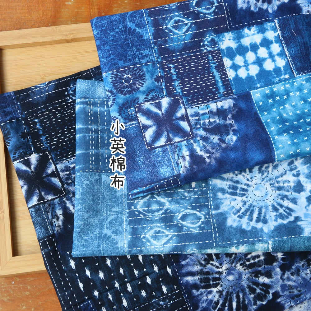 日本進口布 [t675 花朵格子藍染風] 1碼特價 - 薄棉布料 手作 布包 可愛布 藍染風格 花朵布 | 蝦皮購物