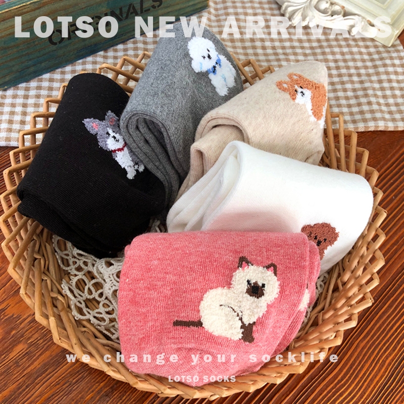 LOTSO SOCKS 韓國襪 Vivid Color 立體絨毛狗狗貓貓中筒襪 韓國襪子 女襪 襪子 穿搭 #KV011 | 蝦皮購物