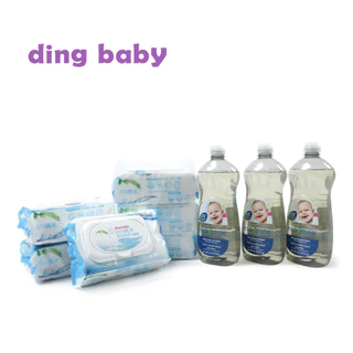 DinGBabY純水濕紙巾3入(80抽)*2 +加拿大奶瓶蔬果清潔液(740ml)*3 促銷組