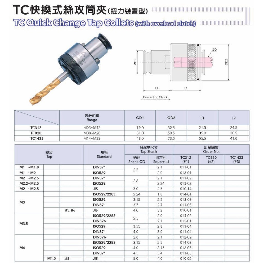 ACROW丸榮 TC快換式絲攻筒夾(扭力裝置型) TC312/TC820/TC1433 價格請來電或留言洽詢 | 蝦皮購物