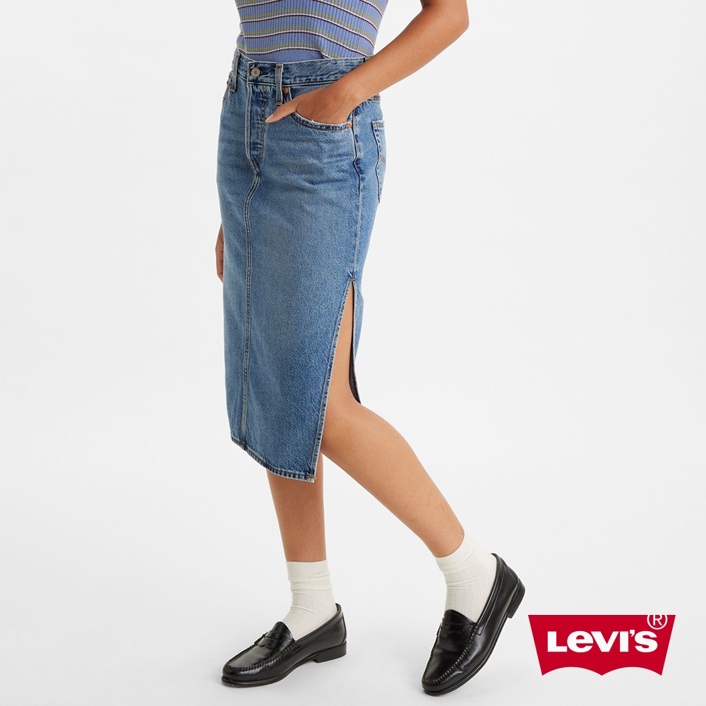 Levis 女款單側開岔高腰修身排釦牛仔長裙精工中藍染水洗A4711-0000 