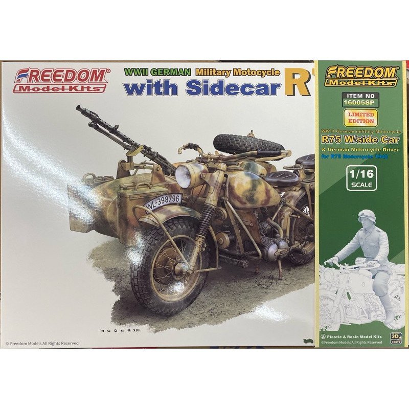 thumbnail image 2 of Freedom Model Kits 16005 1/16 Scale WWII German Military Motorcycle R75 With Sidecar – Plastic Kit 2 of 4