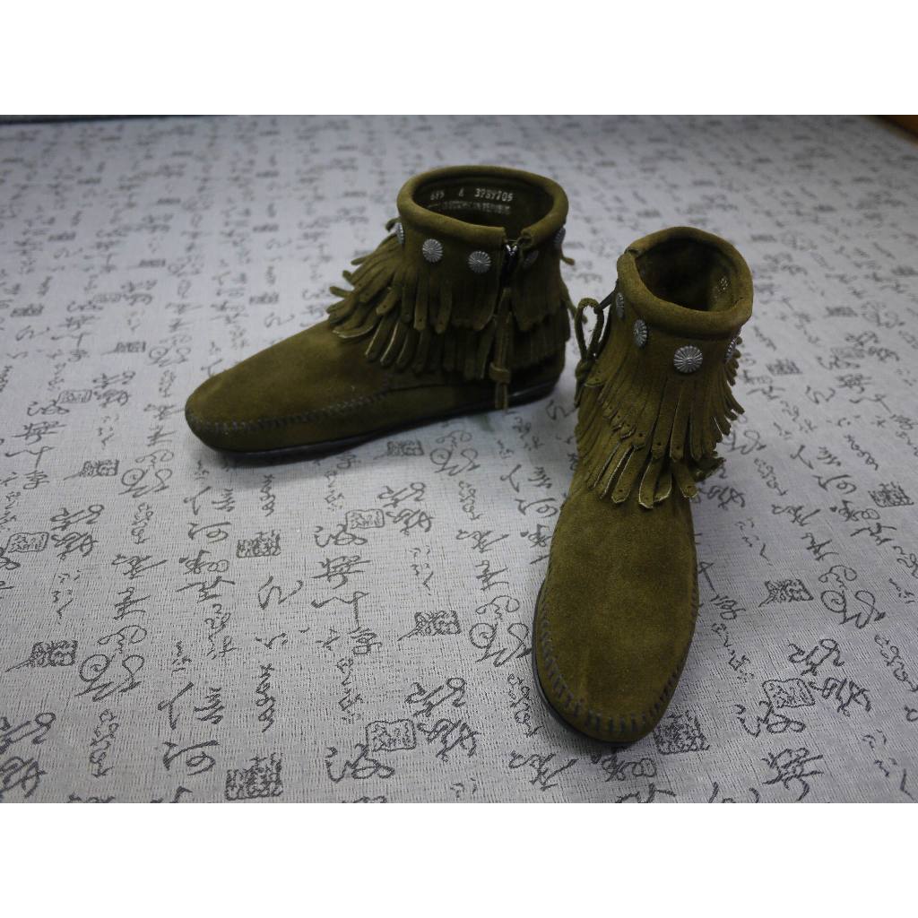 美國Minne Tonka 麂皮流蘇拉鍊短靴莫卡辛靴(墨綠) USA 6 EUR 36 JPN 23 
