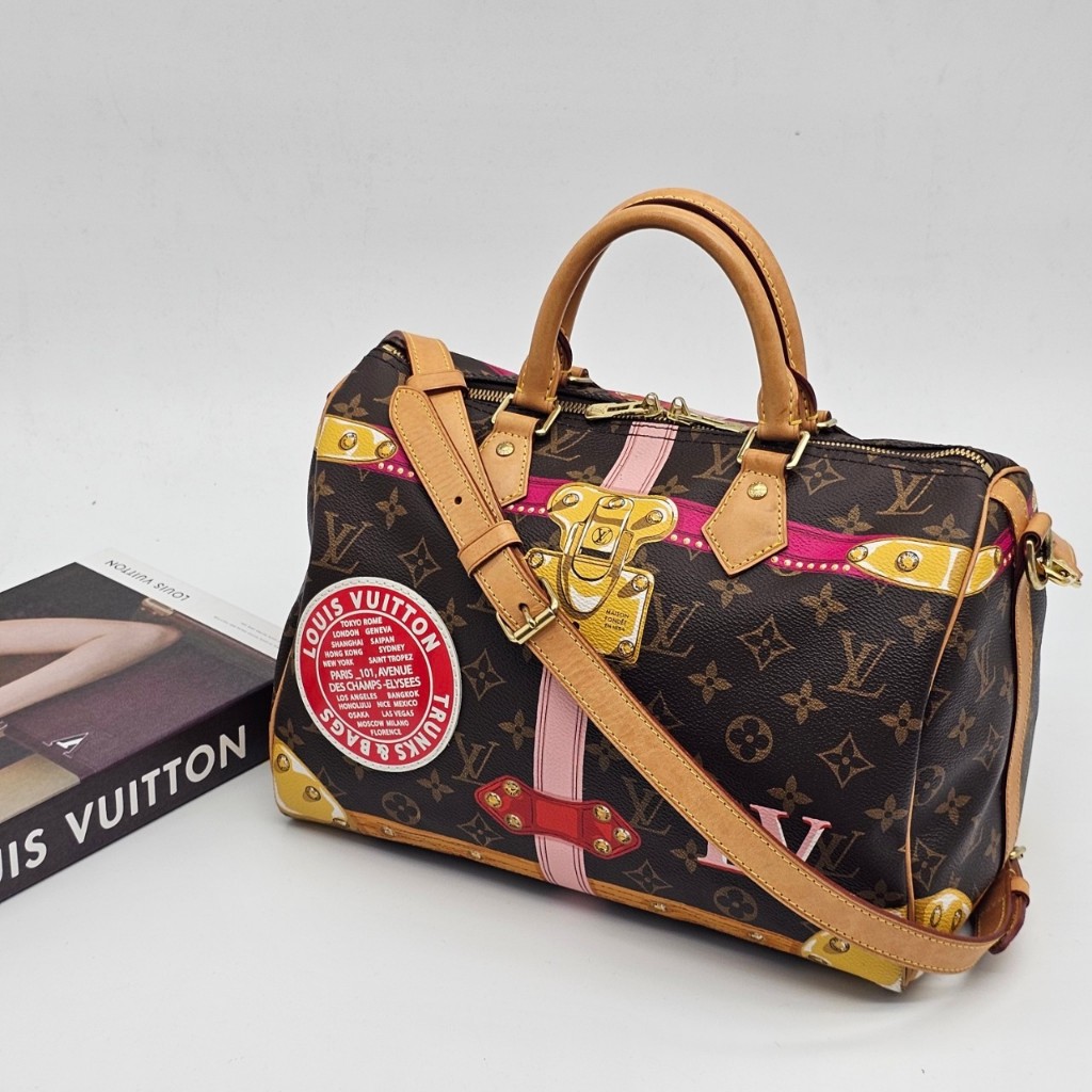 【哈極品】美品《 Louis Vuitton LV 限量款 老花字紋 行李箱圖騰speedy 30公分二用波士頓包/手提