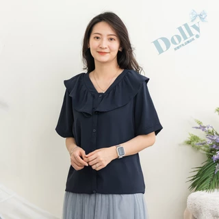 台灣現貨  大尺碼氣質藍色荷葉領排釦上衣 016-Dolly多莉大碼專賣店