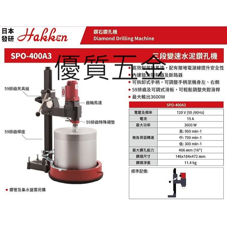 【優質五金~可優惠運費】日本發研 Consec HAKKEN 14英吋 鑽石鑽孔機 SPO400A3 SPO14A