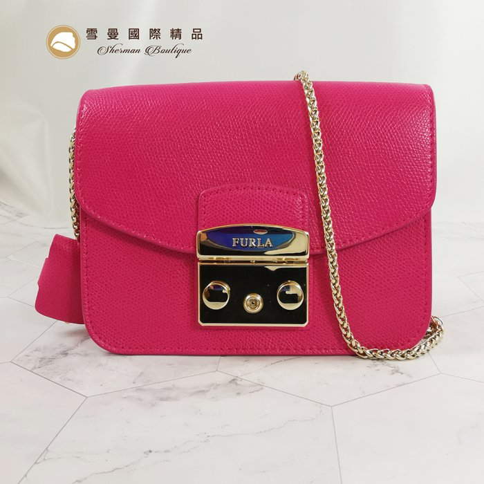 雪曼國際精品】FURLA Cross Body MINI BABY 桃紅色防刮牛皮小方包