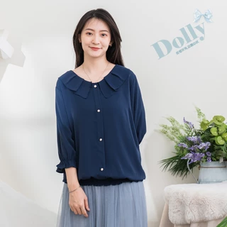台灣現貨  大尺碼3摺領片假排釦雪紡七分袖上衣(藍色) 108-Dolly多莉大碼專賣店
