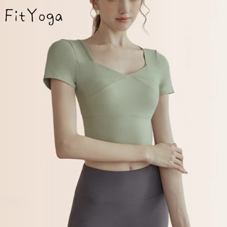 台湾現貨️ FitYoga （B）帶胸墊瑜伽服女 上衣短袖專業高端時尚運動T恤緊身顯瘦夏季健身服