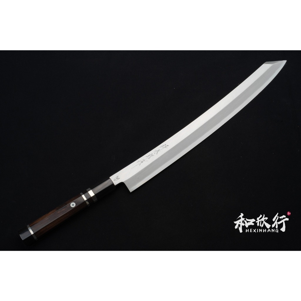堺打刃物】祥太郎作刺身 切付尺一寸包丁銀三鋼鬼反り黒檀銀巻八角水牛柄