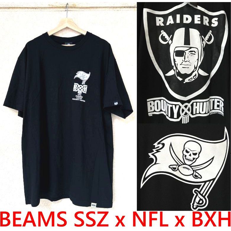 BLACK全新BEAMS SSZ x NFL x BOUNTY HUNTER突擊者Raiders骷髏BXH短T 