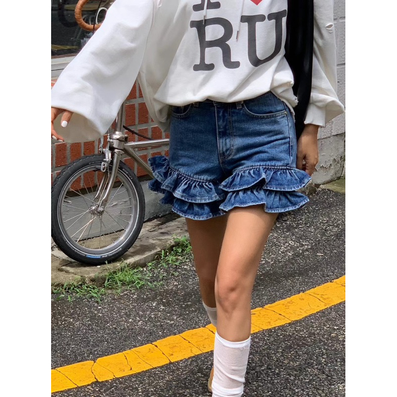 荷葉邊彈力牛仔褲