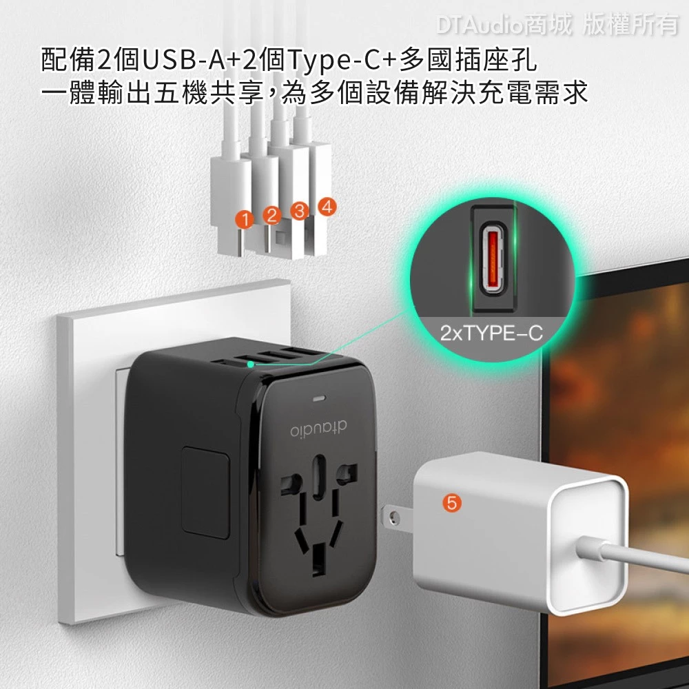 DTAudio 萬國旅行充 USB Type-C 2000W功率 全球通用 旅行充電頭 快速充電 萬用轉接頭 聆翔旗艦店