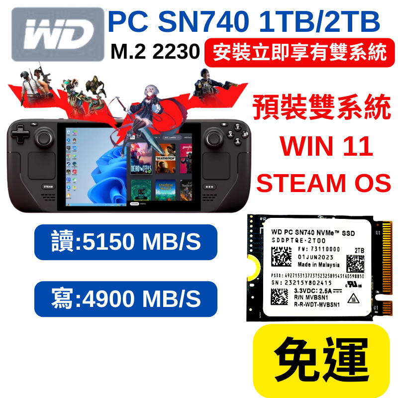 台灣現貨五年保固Steam Deck Ally高速SSD 1TB / 2TB WD SN740 NVMe