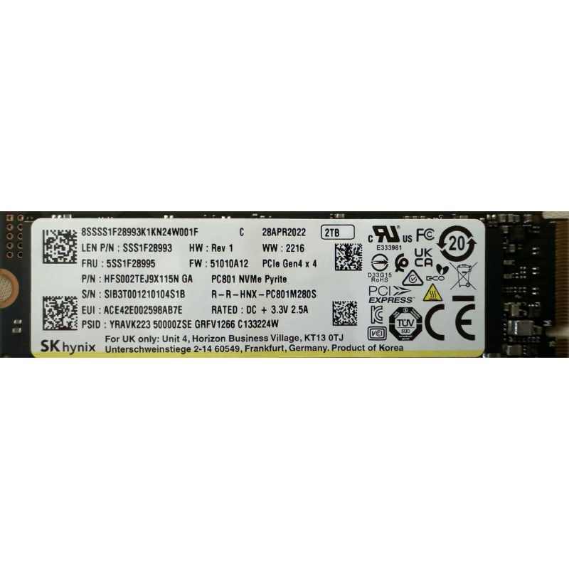 Hynix PC801 2280/SSD 2TB GEN 4X4 健康度100% 等同Solidigm P44 Pro