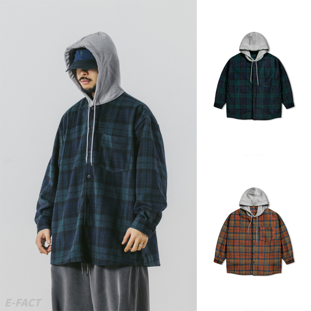 E-fact》ANGLAN🇰🇷格紋連帽襯衫Check Over Hood Shirt | 蝦皮購物