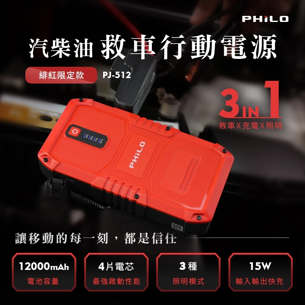 道路救援不求人！【Philo 飛樂】PJ-512 救車行動電源：汽柴油通用、極速啟動的車載安全標配