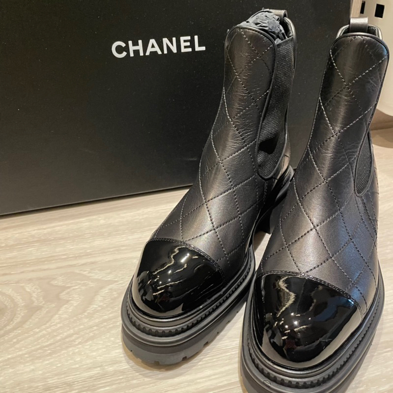 全新香奈兒Chanel 菱格紋切爾西靴短靴Chelsea boots 經典款37 秋冬顯腿