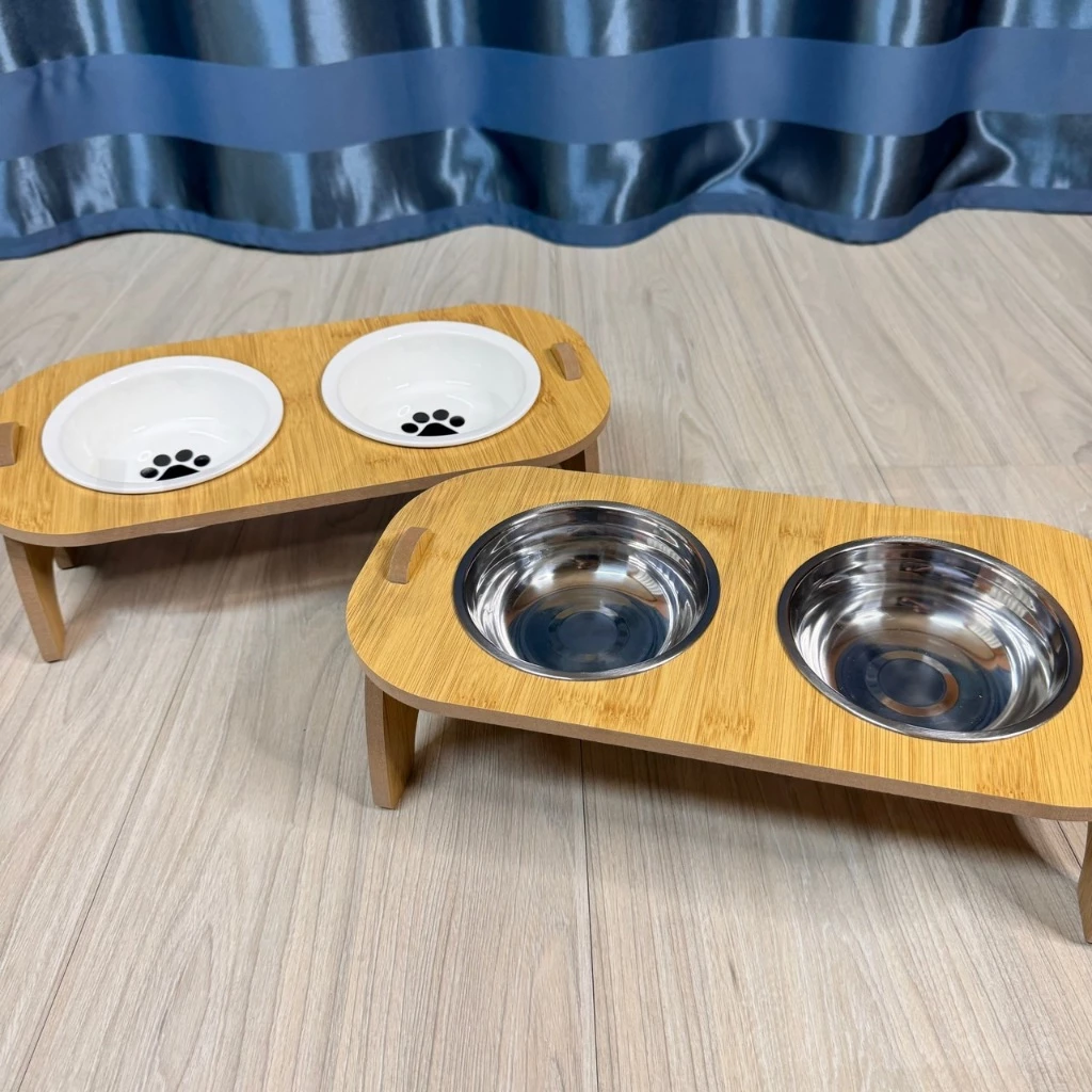 【好命寵物】寵物碗架 雙碗護頸餵食器 斜角碗 寵物餵食器 寵物餐桌 木質雙碗