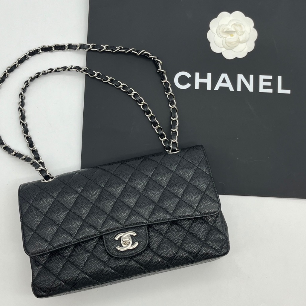 哈極品】美品《CHANEL 香奈兒黑銀荔枝皮25公分CF鍊包/COCO包/肩背包/斜