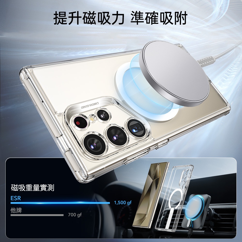 ESR 億色 雅置系列 Galaxy S24 Ultra 6.8 吋 (2024) 磁吸豎立支架手機殼, 灰邊剔透白