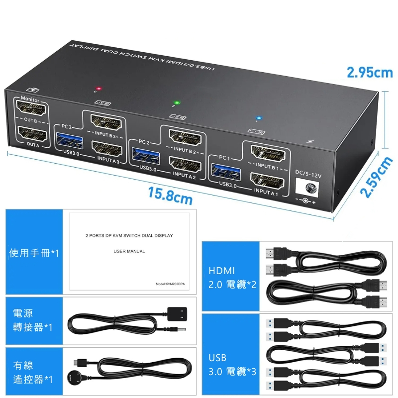 3進2出KVM雙螢幕切換器USB 3.0 HDMI切換器超高清4K@60HZ 2K@144HZ 支援