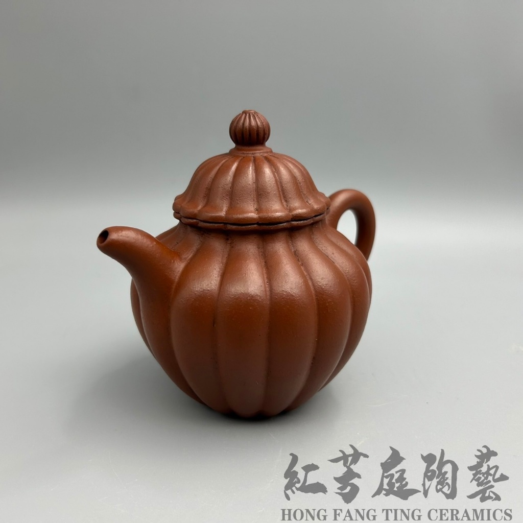 紅芳庭【早期回流菊瓣壺】朱泥壺手工壺宜興紫砂早期壺筋紋紫砂壺