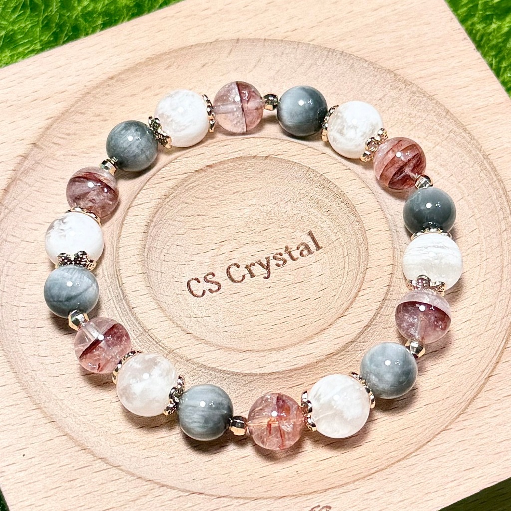 CS Crystal 編號662 - 雪花幽靈水晶+鷹眼石+紅膠花水晶設計款 | 蝦皮購物