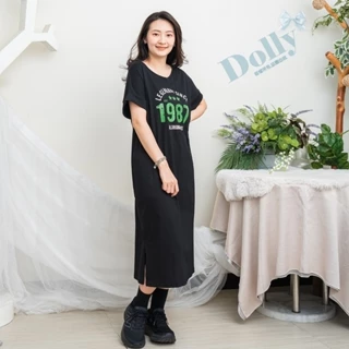 Dolly多莉大碼專賣店  台灣現貨  大尺碼1987印花棉質洋裝(黑色) 049