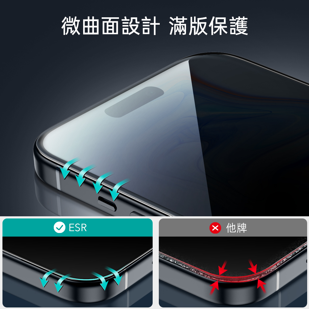 ESR 億色 防窺黑邊滿版 iPhone 15 Pro Max 6.7 吋 (2023) 高透鋼化玻璃貼3片組 - 附贈鏡頭貼2組 + 貼膜神器