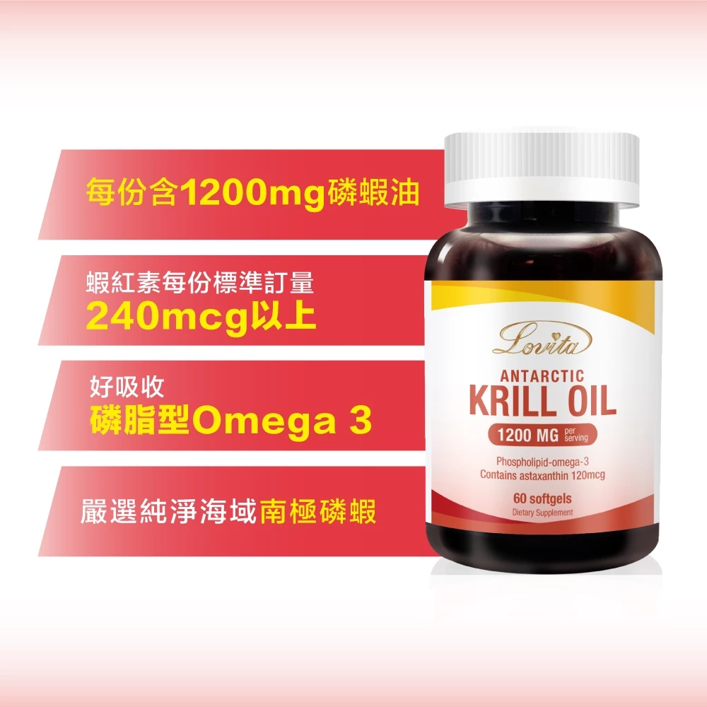 LOVITA愛維他 南極極品磷蝦油1200mg(60顆)(蝦紅素,DHA,EPA,Omega3,南極磷蝦)