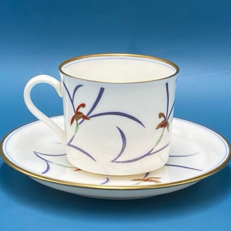 日本Koransha香蘭社白瓷金邊藍細葉三色素心蘭咖啡杯組（1681-4-12-24