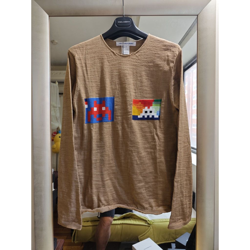 Comme des Garcons Shirt全新真品太空侵略者圖樣駝色毛衣(M號/L號