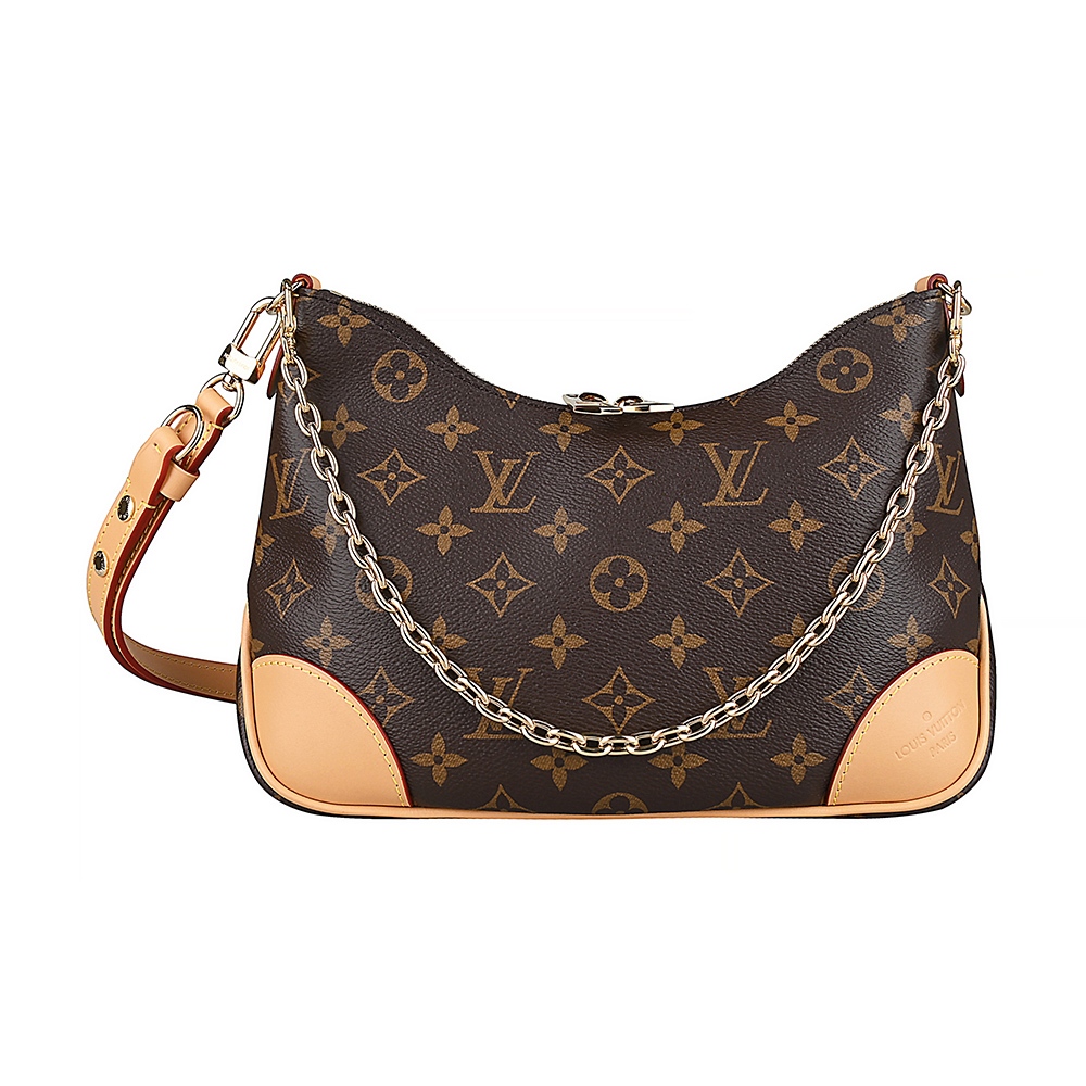 LV M45832 BOULOGNE 牛皮壓印LOGO Monogram帆布拉鍊手提斜肩背牛角包(咖啡x粉膚) | 蝦皮購物