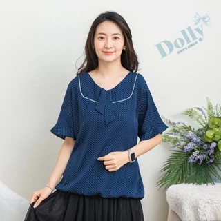 Dolly多莉大碼專賣店  台灣現貨  大尺碼滿版點點假絲巾雪紡上衣(藍色) 916