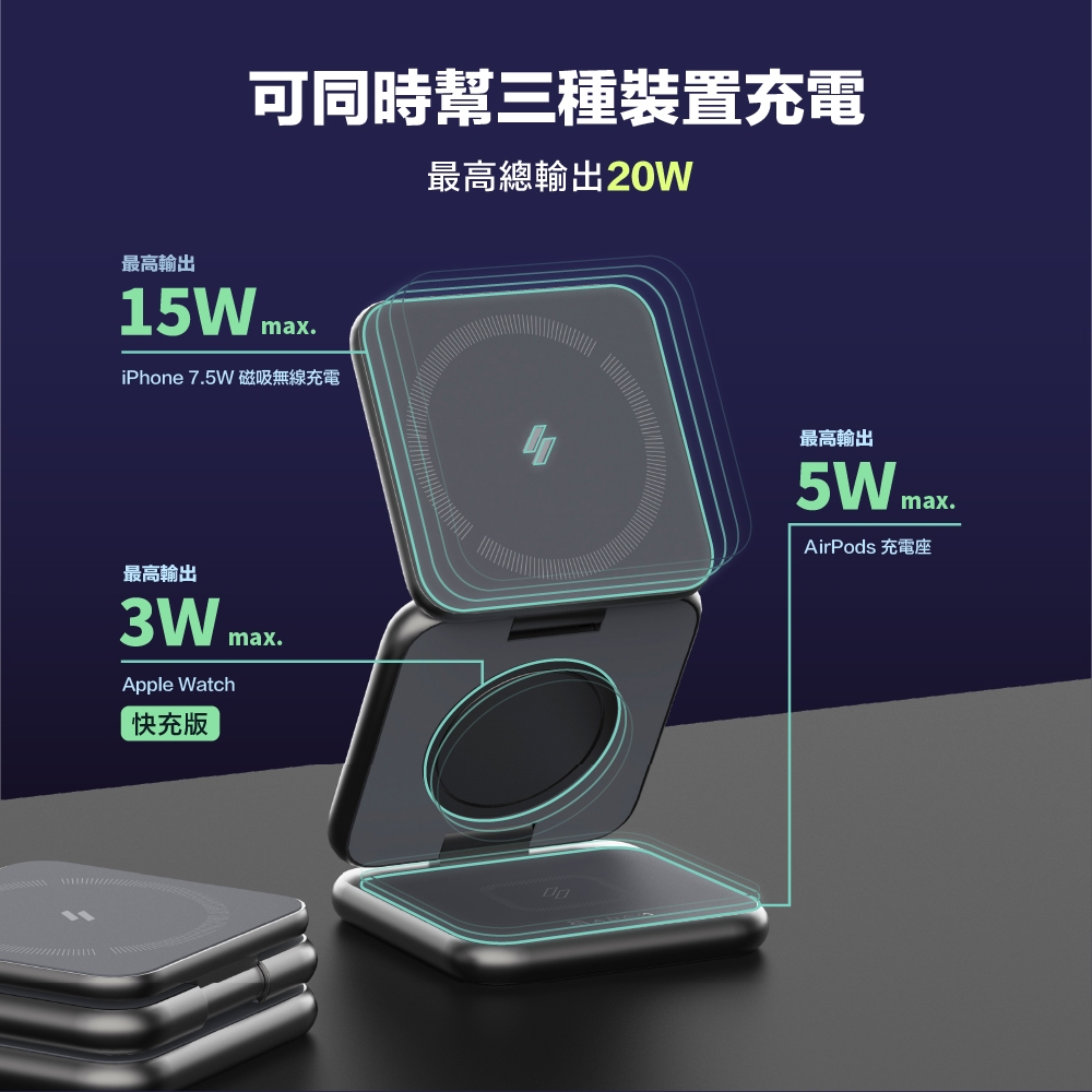 ADAM 折疊式三合一 20W 旅行磁吸無線充電座, 灰