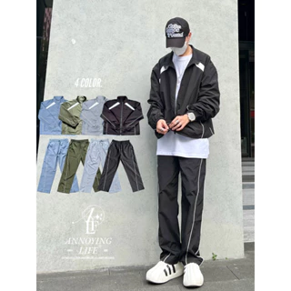 【ANNOYING LIFE】🇰🇷 韓國 質感 尼龍 槍背帶 壓線 運動 套裝 4色 寬鬆 情侶 外套 長褲 #903E