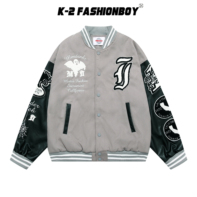 【K-2】INNERSE 小幽靈 刺繡 貼布 棒球外套 皮袖 夾克 外套 惡棍 歌德字 硬派 穿搭 K2