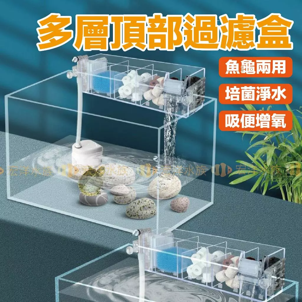 頂部壁掛式上部過濾槽，多層濾材空間，含馬達與濾材，適合金魚缸