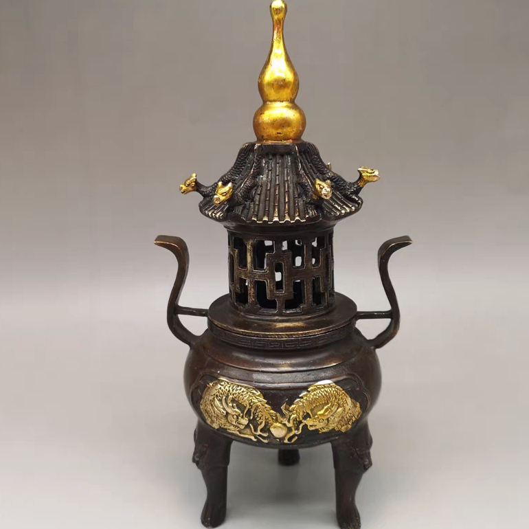 青銅 纏龍 麒麟蓋 香炉 在銘(ZE748) 台灣現貨+預購【雙龍戲珠香爐】鎏金塔爐純銅復古熏香爐麒麟銅香爐淨爐
