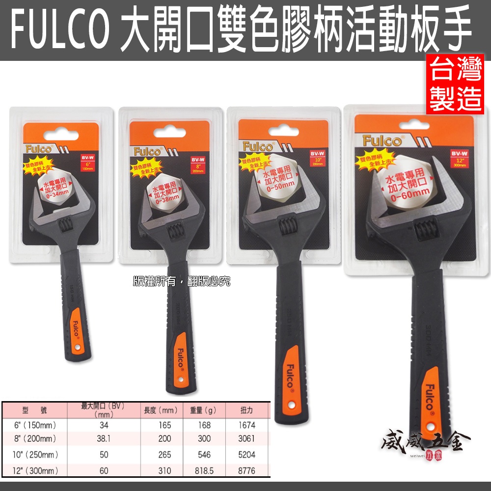 Fulco｜大開口雙色膠柄活動板手 水電專用 加大開口活動扳手｜6