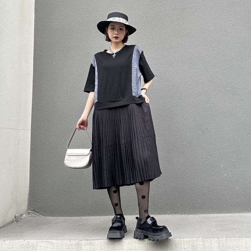 Y2 style ️假兩件拼接壓摺洋裝 ️Y2style歐美設計款寬鬆韓版個性中大尺碼【F81198】 | 蝦皮購物
