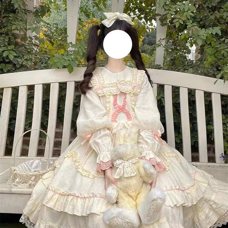 預購*lolita 蘿莉塔甜系杏色蕾絲荷葉邊拼接少女長袖連身裙 田園風 森女 森林系 軟妹 甜美 A字裙 洋裝 | 蝦皮購物