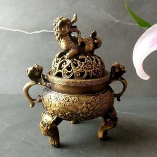 ★明 宣徳年 古銅製 金「海水麒麟紋」獅首耳香炉 熏香具★極細工 置物 擺件 古賞物 中国古美術 靓宝格- 乾隆铜狮耳香炉（《大明宣德年制》款，重：2660g）