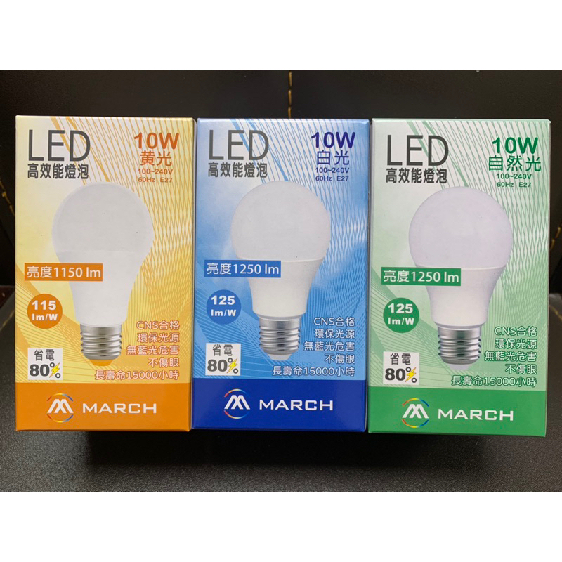 LED 10W 高效能 球泡 燈泡 💡 白光 黃光 4000K 無藍光 不傷眼 節能 環保 CNS認證 MARCH MH | 蝦皮購物