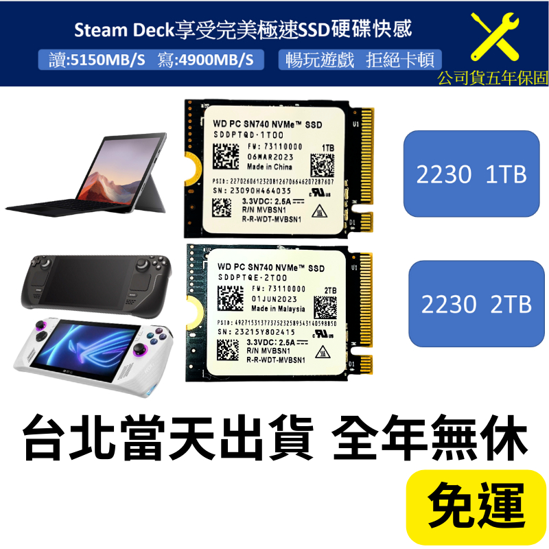 台灣全新現貨五年保固Steam Deck Ally高速SSD【1TB / 2TB】WD SN740