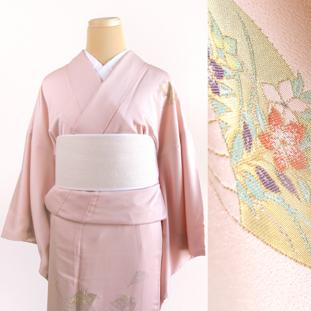 【suzume】中古和服 訪問著：金色花扇 [ 一紋 衣長165 / 衍長 68 ] 淺色和服 茶道