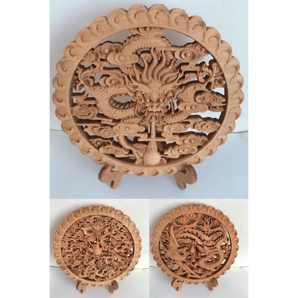 旧蔵 黄楊木 手彫り 龍戲珠 鏤空二連屏風 開運 置物 置物インテリア